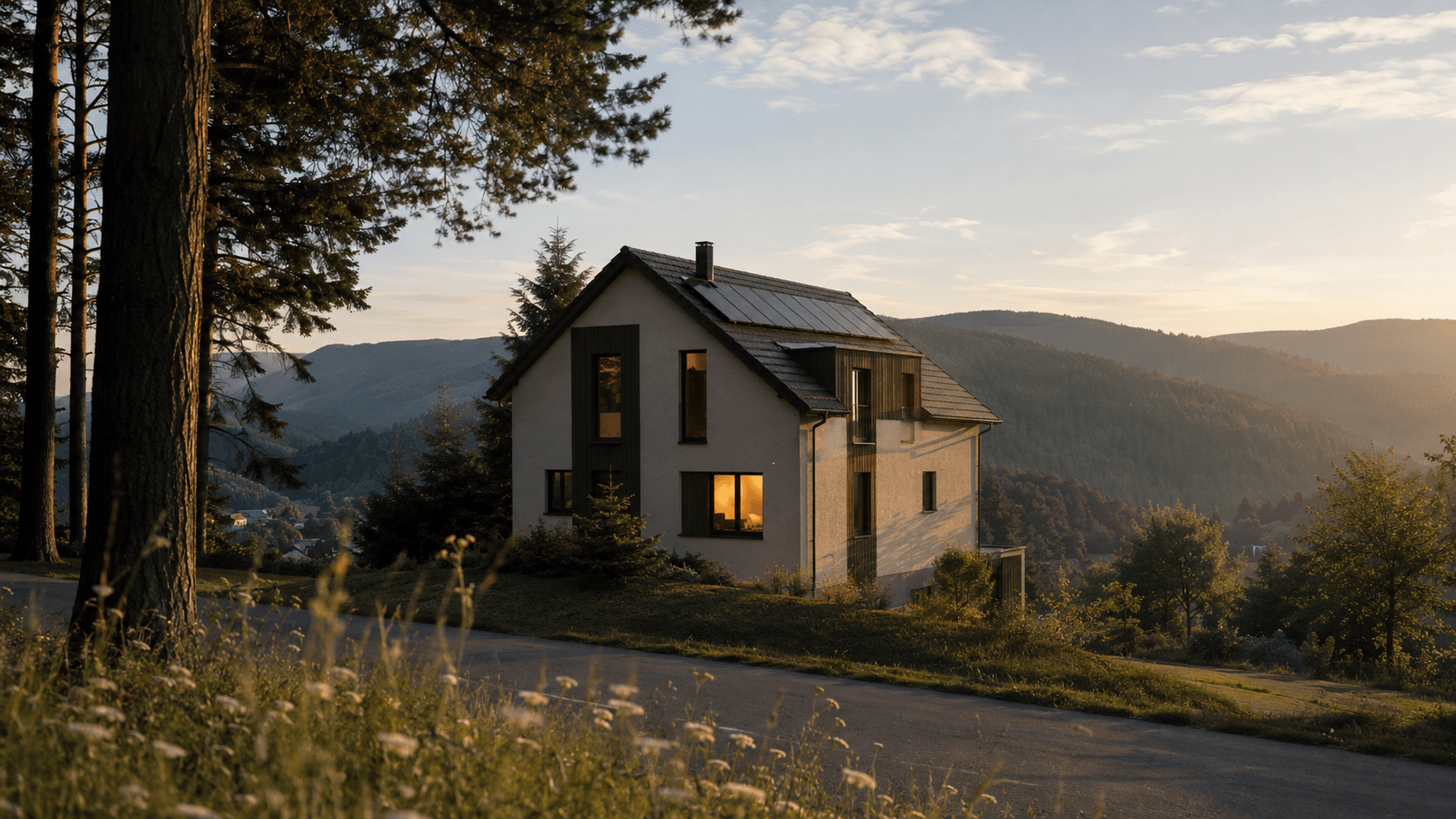 Modernes Einfamilienhaus im Schwarzwald, warmes Abendlicht auf der Fassade.