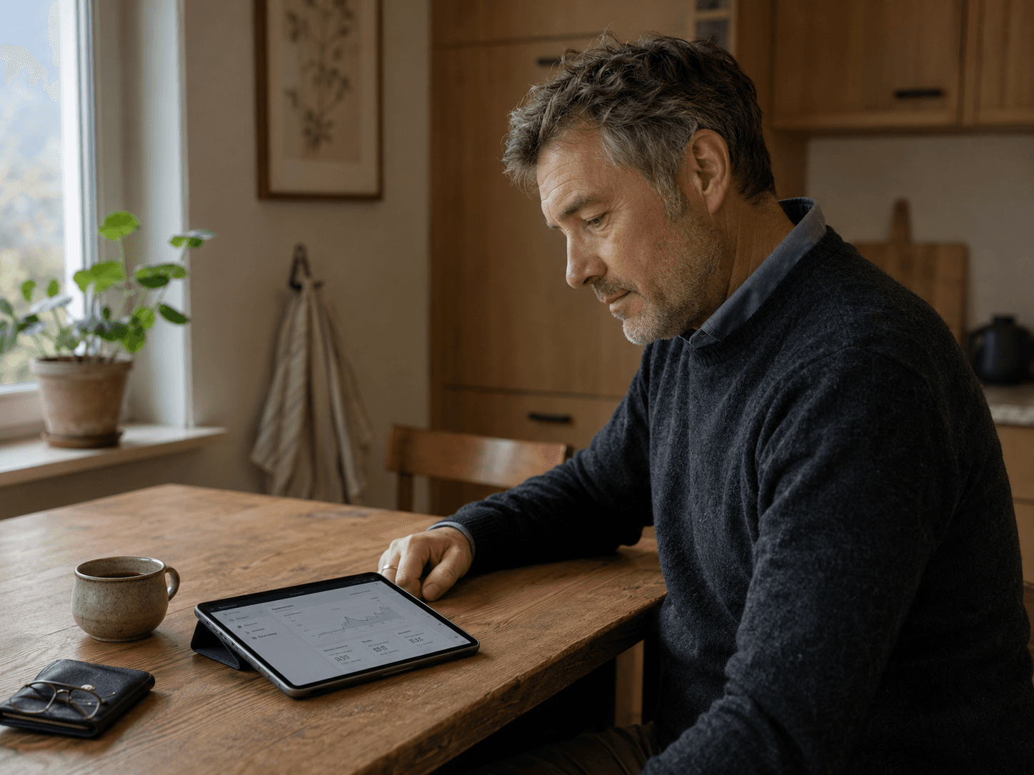 Hauseigentümer in einer ruhigen Küche, schaut konzentriert auf ein Tablet.